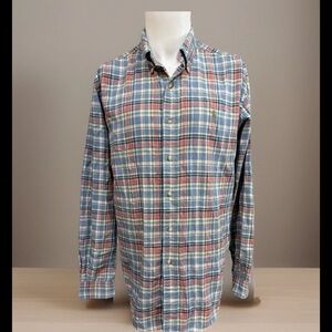 Polo Ralph Lauren Blue Red Striped Green Horse Classic Button Front Shirt Sz L